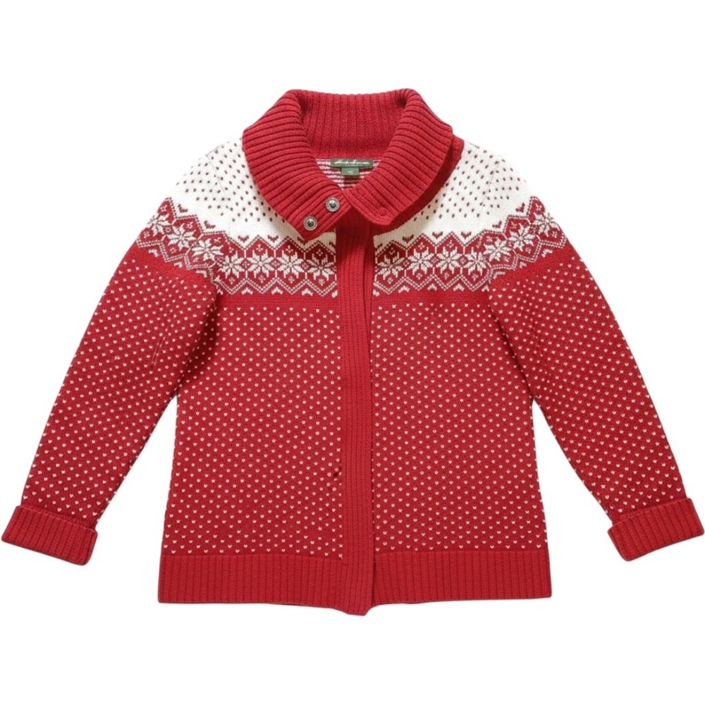 Eddie Bauer Womens M Fair Isle Zip Sweater Red Wool Blend Nordic Apres Ski Cabin